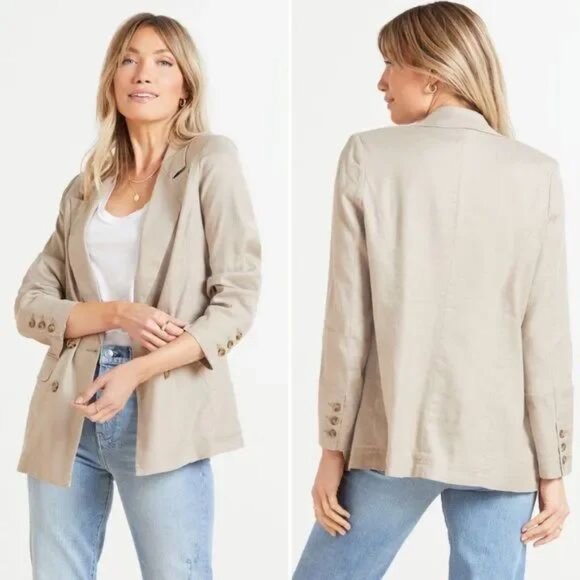 Evereve Alexa Double Breasted Linen Blend Blazer in Safari Tan Size Large - Picture 2 of 14